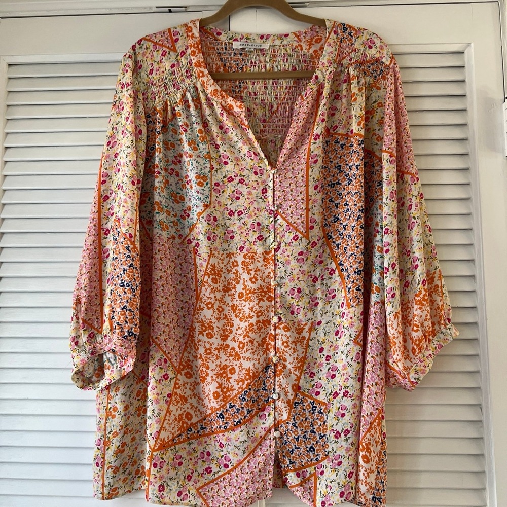 LADIES ROSE & OLIVE‎ PLUS 1X MULTICOLOR PATCHWORK BOHO/HIPPIE TUNIC 2XL